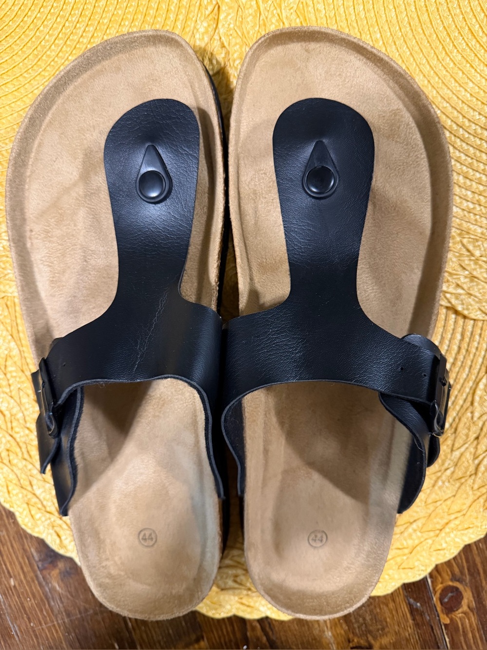 Black Cork Footbed Thong Sandals Adjustable Buckle Size 44 EU